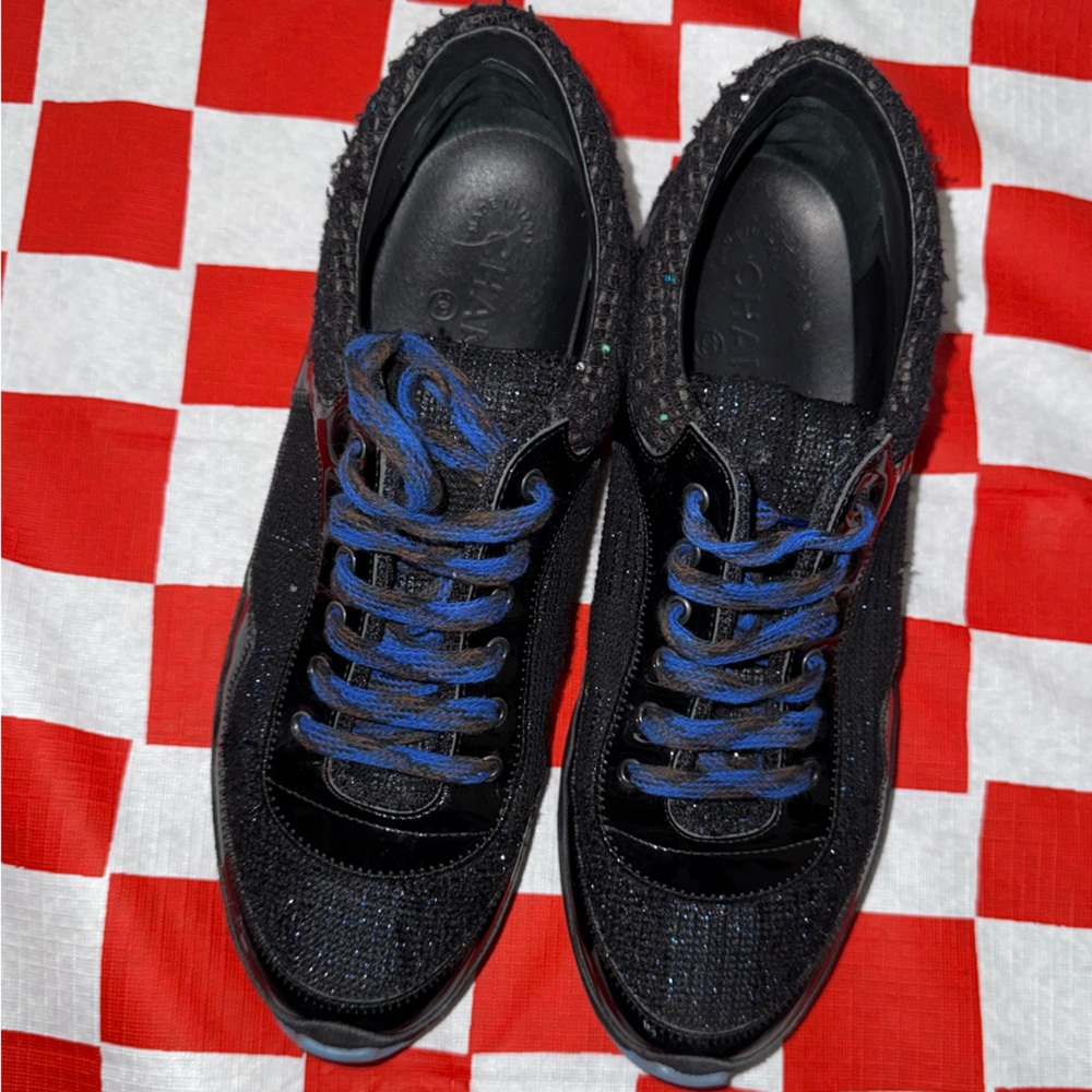 CHANEL Black and Blue Sneakers with Classic Low-Top Design